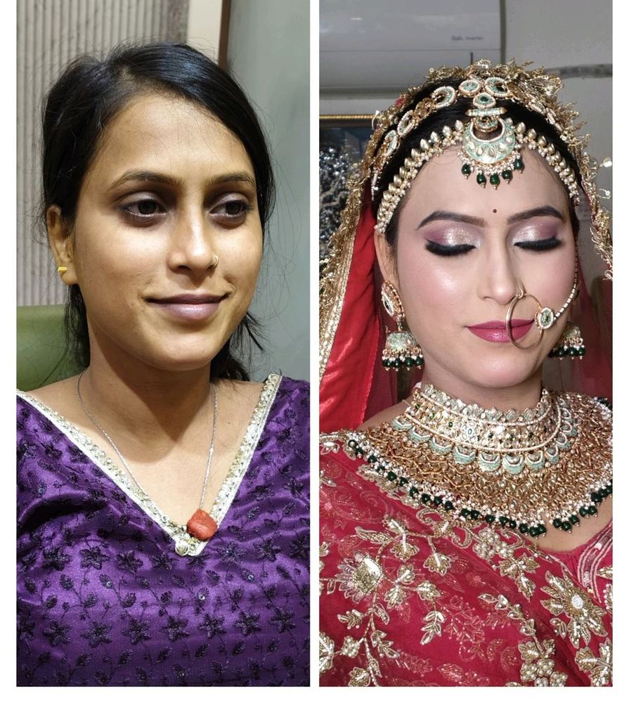 Before and after: client without makeup and in full bridal makeup